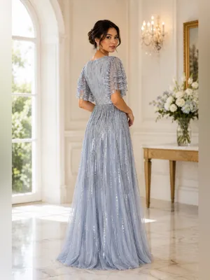 New Mac Duggal 93582 Blue Embellished Full-Length Layered Sleeve Gown - Size 6 thumbnail 2