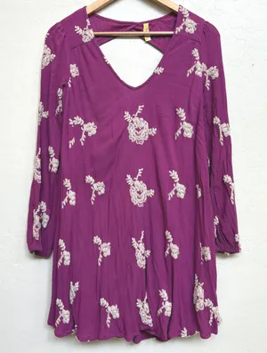 Free People Embroidered Mini Dress‎ V Neck Cutout Back Long Sleeve Pockets XS thumbnail 1