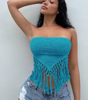 SHEIN Turquoise Crochet Fringe Strapless Camisole thumbnail 1