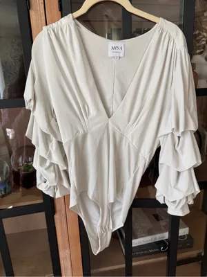 Misa Los Angeles Leona Bodysuit tiered long sleeve ruffle White vneck seamless thumbnail 1