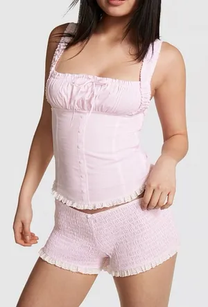 Frankie's Bikinis Light Pink Lace-Trim gingham Set thumbnail 1