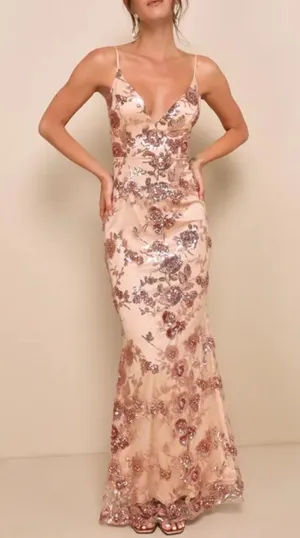 Lulu's size XL Rose Gold Sequin Floral Embroidered Mesh Fabric maxi mermaid ball thumbnail 1