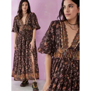 Free People Lysette Maxi Dress Floral Brown Small Bohemian Gypsy Hippie Bells thumbnail 3