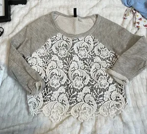 H&M DIVIDED Grey Lace Longsleeve Sweater Top‎ Fleece Crew Neck Extra Small XS thumbnail 1