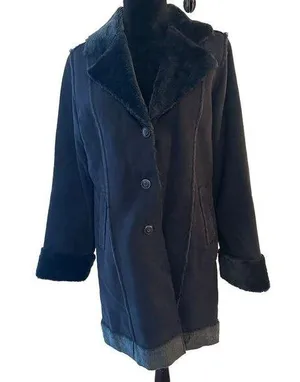 Selene Sport Faux Suede/Fur Coat Boho Hippie Retro Blue Midi Jacket Size Medium thumbnail 1