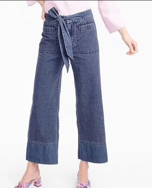J. Crew Light Wide Leg Cropped Chambray Trousers with Tie‎ Belt Size S thumbnail 1