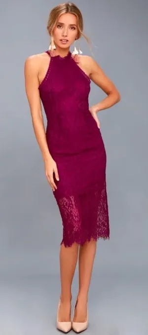 Lulu's Magenta Lace Halter Midi Dress thumbnail 1