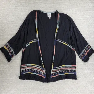 Knox Rose Black Embroidered Fringe Kimono Cardigan Size L Boho Festival thumbnail 2