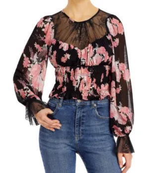 Free People Daphne Floral Lace Black Pink Romantic Boho Blouse NWT Size S thumbnail 1