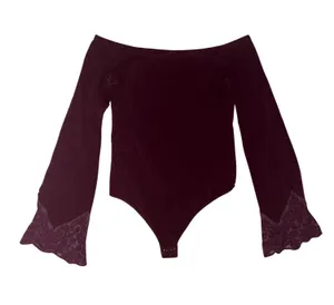 Express Off-The-Shoulder Burgundy Lace Bell Sleeve Bodysuit thumbnail 1