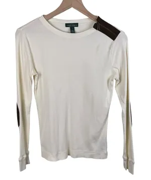 Vintage LRL Lauren Jeans Co Ralph Lauren Ribbed Elbow-Patch Top Size Small Ivory thumbnail 1