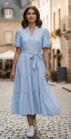 Chic Vintage Charm Cottagecore Pinstripe‎ Tiered Tie-Waist Midi Dress M thumbnail 1