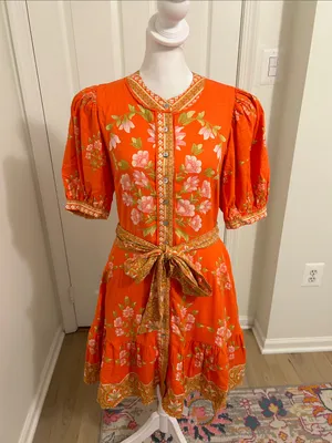 A Loves A Floral Puff-Sleeve Orange Belted Linen Mini Dress New Size Small thumbnail 7