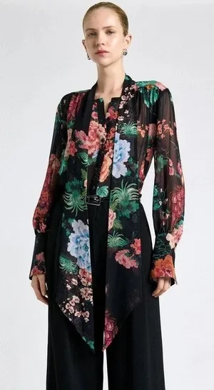 Cue Women's Black Colorful Floral Georgette Tie Neck Blouse Size 14 thumbnail 1