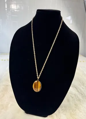 Vintage Tigers Eye Oval Pendant Necklace Gold Tone‎ Chain Boho Statement 24 Inch thumbnail 1