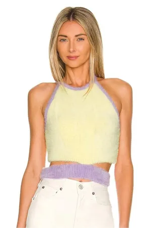 For Love & Lemons Fuzzy Cozy Maureen Top Purple & Yellow Knit Open back NWT thumbnail 1