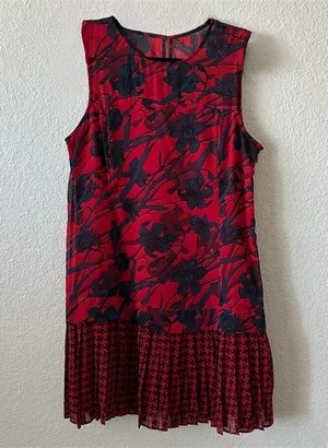 ABERCROMBIE & FITCH Floral Houndstooth Drop Waist Pleated Mini Dress Red Blue 10 thumbnail 3
