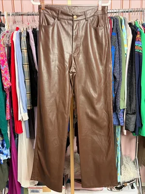 Garage Brown Faux Leather High Rise Wide Leg Pants Straight Leg Trousers. Size S thumbnail 2