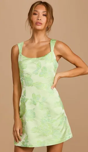 NWOT Lulus Brighter Side Light Green Floral Satin Jacquard Mini Dress Party XL thumbnail 1