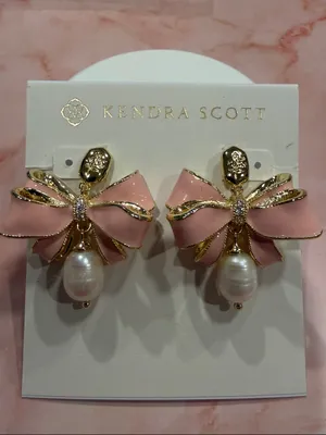 Kendra Scott | Gold Plated & Pink Enamel Bow Earrings with Pearl Drop | Medium thumbnail 2