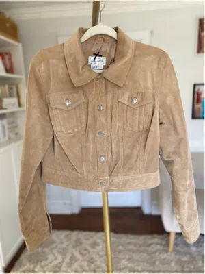 Vintage Live A Little Tan Suede Leather Jacket Cropped Fitted‎ Quiet Luxury Boho thumbnail 2
