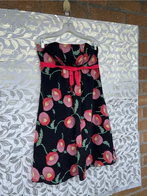Anna Sui Anthropologie Sz 12 Silk Dress Strapless Black Pink Poppy Floral Lined thumbnail 2