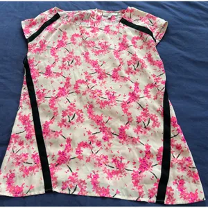 Banana Republic Pink Cherry Blossom Floral Blouse Black Trim Size M thumbnail 1