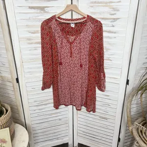 AKEMI + Kin ANTHRO Women's Humboldt Tunic Top Boho Red Floral Tasseled Medium thumbnail 16
