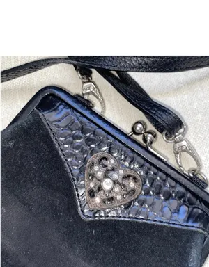 BRIGHTON Mini Purse Bag Rhinestone Heart Black Suede Leather Crossbody thumbnail 5