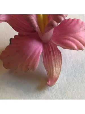 Vintage Pink Orchid Flower Brooch with Yellow Center thumbnail 3