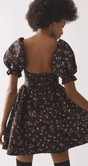 NWT $158 Anthropologie x Maeve Black Floral Puff-Sleeve Mini Dress w/ Pockets XS thumbnail 2