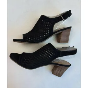 Franco Sarto Mandi Blk Suede Block Heel Shoes Peep Toe Buckle Sz 6.5 Sling Back thumbnail 3