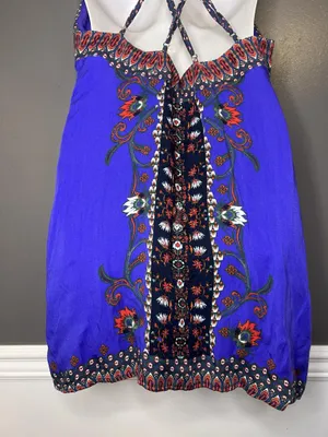 Ecote Dress Womens Large Blue Floral Criss Cross Back Slip Sundress Strappy Boho thumbnail 7