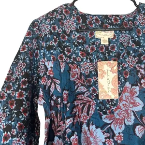 Band of The Free Josie Sapphire Blue Floral V-Neck Long Sleeve Blouse Women Sz L thumbnail 6