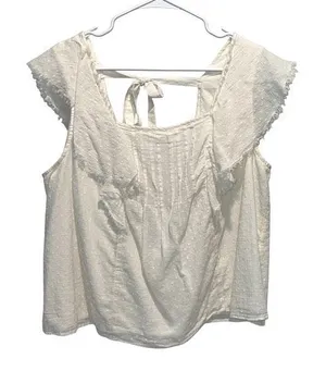 True Craft Womens Swiss Dot Square Neck Cap Sleeve Tie Back Blouse White Size 1X thumbnail 1
