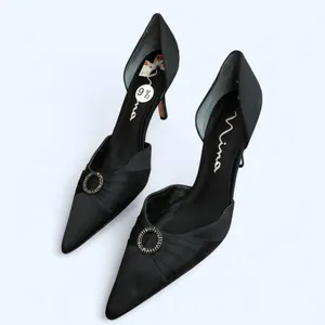 Whimsygoth Black Classy Black Tie Vintage Retro Y2K Pointed Toe Kitten Stiletto Heels Pumps Glam Modern Rhinestone Genuine Leather Office Siren #Gothic #Preppy #Minimalist #Sleek #Party Sz 9.5 thumbnail 2