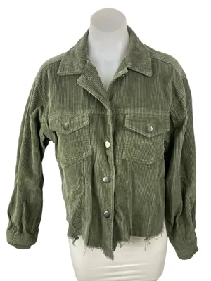 POL Women's Green Corduroy Long Sleeve Pocket Button Down Utility Jacket Size S thumbnail 1
