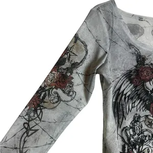 Rock & Republic Womens Y2K Mesh T-Shirt Gray Cross Angel Wings Tattoo Sleeve Grunge Size Med thumbnail 3