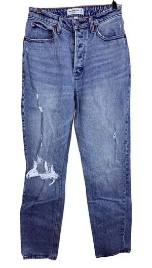 Abercrombie & Fitch Curve Love Dad High Rise Blue Denim Jeans Womens Size 26 2 L thumbnail 1