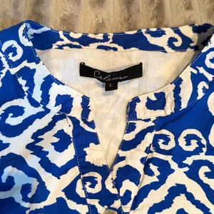 Calessa Blue‎ White Ikat Damask Tiered Cotton Mini Dress L Lined Flare Sleeve thumbnail 4