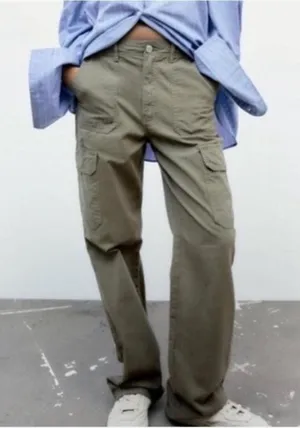 Zara Green Wide Leg Cargo Utility Jeans thumbnail 1