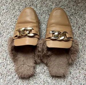Women’s Faux Fur Brown Mules Backless Flat Loafers Size 9.5 slip on slipper shoe thumbnail 1