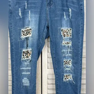 Distressed Jeans with Leopard Lined Rips Stretchy Tapered Leg-1X thumbnail 2