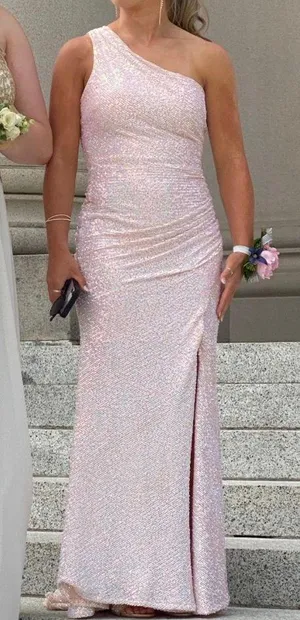 One Shoulder Sequin Prom Dress Pink thumbnail 1