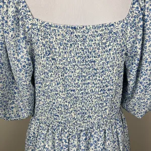 Mikarose Dress Womens Large Blue Floral Puff Sleeve Milkmaid Smocked Pockets‎ L thumbnail 9