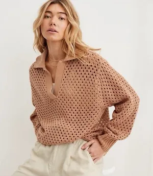 NWT Aerie Pointelle Collared Neck Oversized Long Sleeves Sweater Size‎ Medium thumbnail 1
