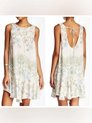 Free People Dobby Dot Slip Dress Floral Tie-Back Swing Blue Accents Medium thumbnail 2