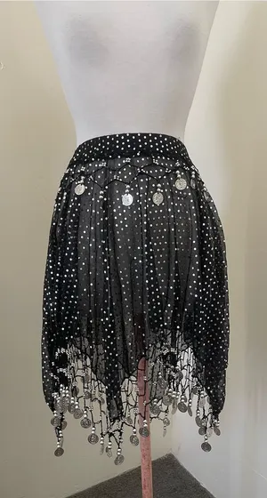 Black Sheer Polka Dot Fringe A-Line Skirt with Coin Trim thumbnail 1