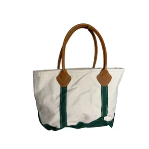 L.L. Bean Vintage 1980s Boat and Tote Canvas Cream Green Leather Handles – READ thumbnail 6