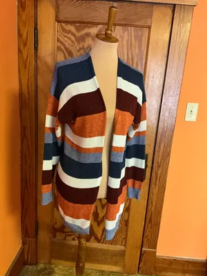 Boho Striped Long Cardigan Duster Cozy Fall Layer Rust Blue XL ECOWISH thumbnail 7